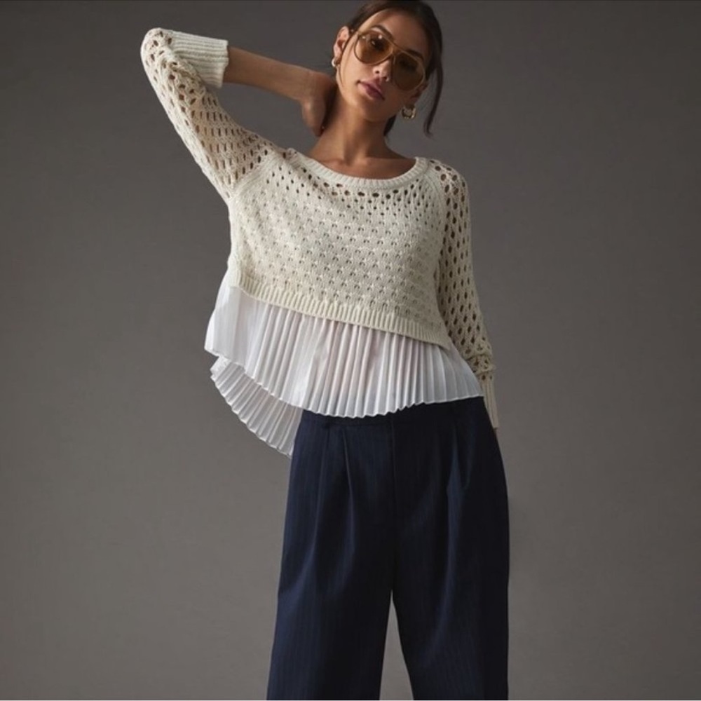 Anthropologie-Maeve-Cream Knit Sweater with White Pleated Hem